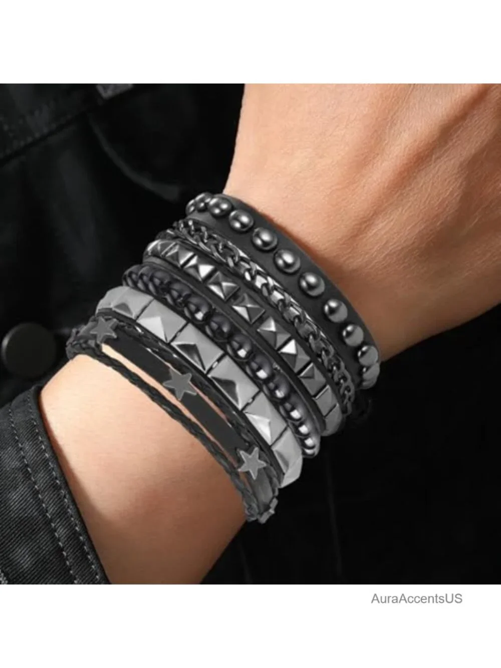 Set of 4 Faux Leather Bracelets, Cuff Wristbands, Goth Emo Punk Studs